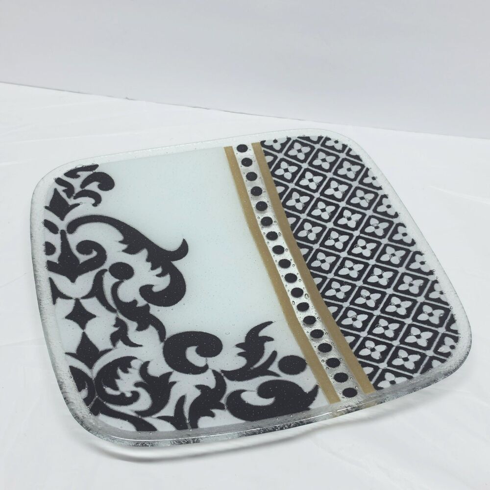 Peggy Karr Brocade Fused Art Glass Square Plate 11" Signed White Black Retro